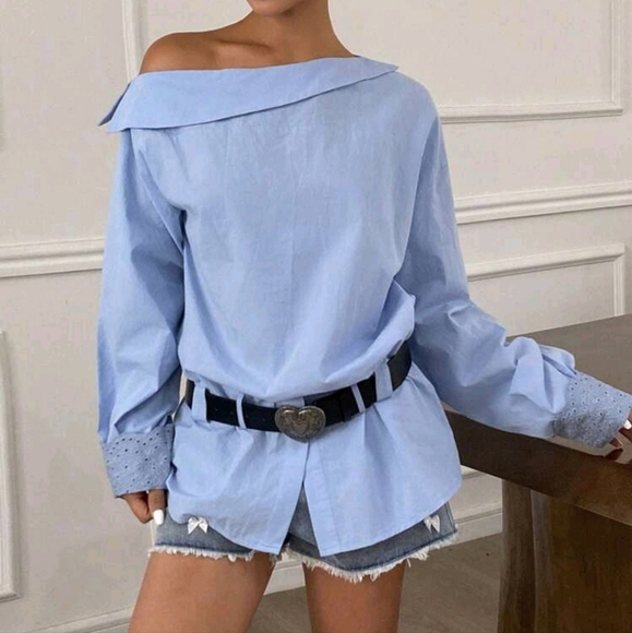 Women Elegant Casual Asymmetrical Shoulder Long Sleeve Belted Splice Cuff Blouse - Picture 2 of 4